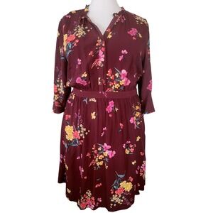 Old Navy Womens XXL Burgundy Floral Fit & Flare Dress Ruffle Neck 3/4 Sleeve